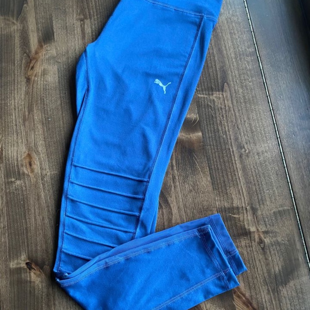 Puma Mesh Ribbed Knee Active Wear Leggings Blue Grey - Size Petite Small